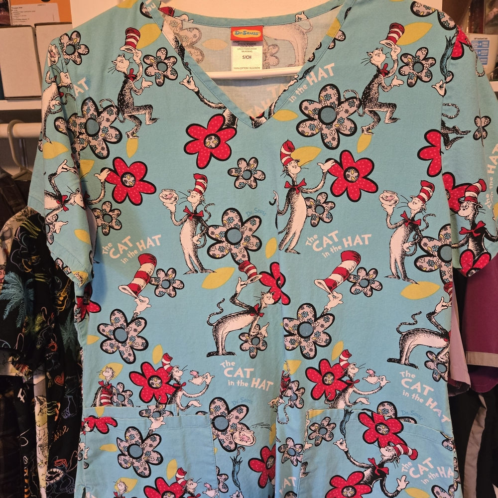 Dr. Seuss Cat In The Hat Scrub Top - Blue with Red and White Accents